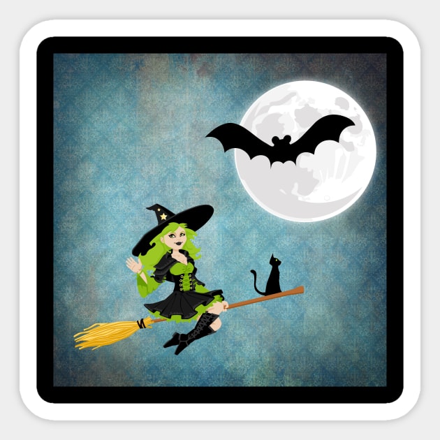 Green Haired Witch Flying on Broom With Cat Sticker by TNMGRAPHICS